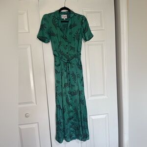 💚 HVN Leopard Print Shirt Dress In Green Silk - Size XS💚
